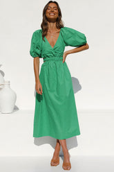 Robe mi-longue vintage à manches bouffantes et décolleté en V profond pour les vacances à la plage - Vert